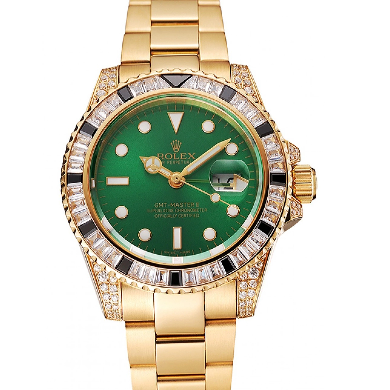 Aaa replica watch Master Bracelet Stone Case Set Swiss Rolex 1453748 GMT II Green Bezel Gold And Dial 0723